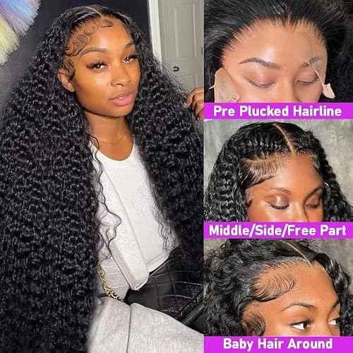 24 Inch Deep Wave Lace Front Wigs Human Hair 200 Density 13x6 HD Transparent Lace Front Wigs Human Hair Pre Plcked Curly Wig for Women Deep Wave Frontal Wigs Human Hair with Baby Hair