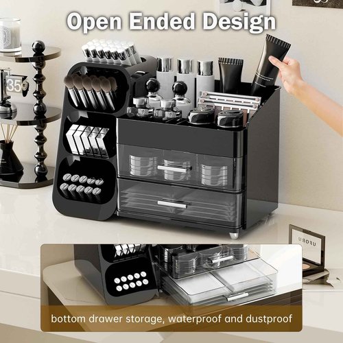 UFORU Makeup Organizer for Vanity with Brush Holder, Countertop Skincare Organizer with 2 Drawers, Spacious Cosmetic Display Case for Perfumes, Cologne, Shaving Lotion