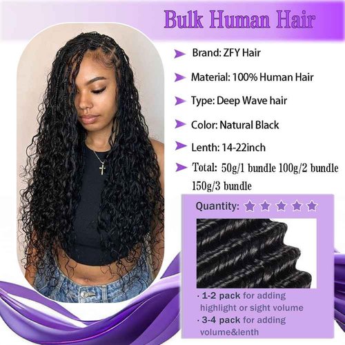 ZFY Human Braiding Hair 100g 22 Inch Deep Wave Bulk Human Hair for Braiding Boho Braids 100% Unprocessed Brazilian Virgin Human Hair Extensions No Weft 2 Bundle/Pack Natural Color