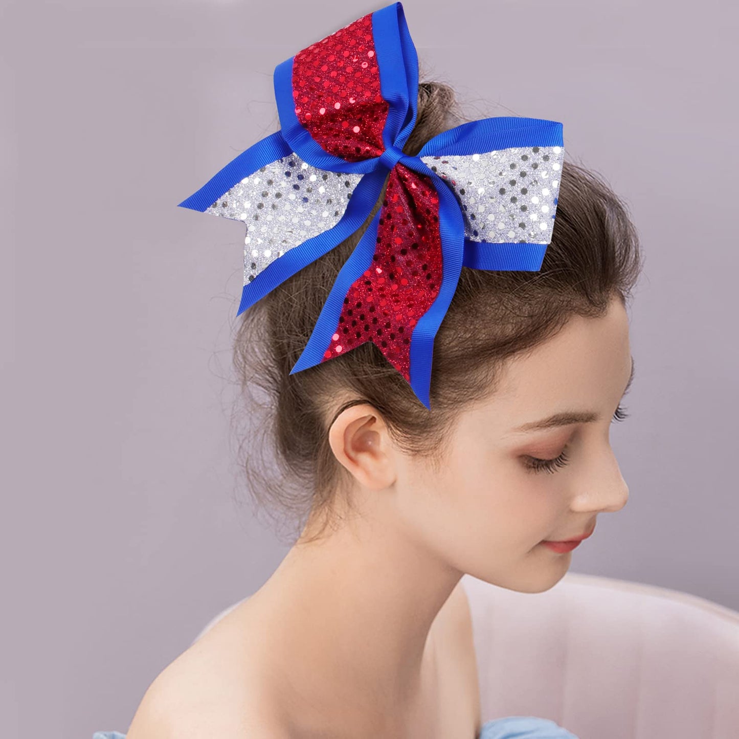 12pcs 8" American Flag Cheer Bows for Girls, Oaoleer 4th of July Cheerleading Hair Bow Independence Day Hair Accessories for Teens Women Girls