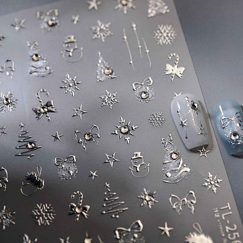 5D Christmas Nail Stickers Silver Nail Sticker for Nails Art Snowflake Nails Decals with Design Elk Christmas tree Nail Decals Self Adhesive Nails Stickers for Women Girls DIY Acrylic Nail Accessories