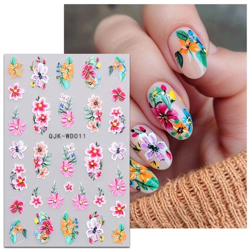 JMEOWIO 6 Sheets Flower Nail Art Stickers Decals Self-Adhesive Spring Summer Floral Nail Supplies Nail Art Design Decoration Accessories