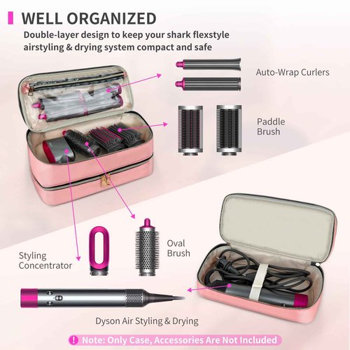 NENYX Double-Layer Water Resistant Travel Carrying Case for Hair Dryer/Shark Flexstyle/Dyson Airwrap and Hair Styler Attachments, Pink(Bag Only)