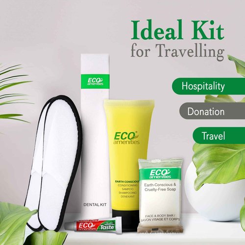 ECO amenities Bulk Hotel Toiletries Set - Travel Toothbrush Set - Cruelty-Free Shampoo & Conditioner - Bar Soap Bulk & Closed-Toe Slippers - 140 Pieces, 30ml Shampoo, 14g Soap, Green Tea