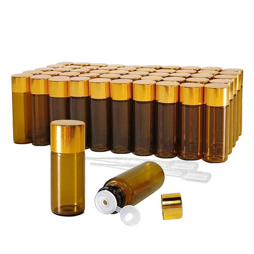 Beth Ada 50Pcs 5ml Amber Mini Essential Oil Bottles Sample Bottles with Orifice Reducers and Gold Caps,3/5ml Amber Glass Bottles Vials,for Perfume Aromatherapy Cosmetic Oils Container