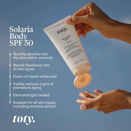 Toty by Sofia Vergara - Solaria Body SPF 50 Refreshing Antioxidant Sunscreen - UVA/UVB Protection - Weightless Body SPF for All Skin Types - Water & Sweat Resistant - 5.07 fl oz
