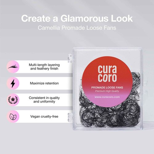 Curacoro Camellia Promade Fans - Handmade Volume Promade Eyelashes Fans 5D to 10D, C CC D Curl, Thickness 0.03~0.07mm, 7-14mm Mix Lengths, Professional Long-Lasting Promade Lash Fans