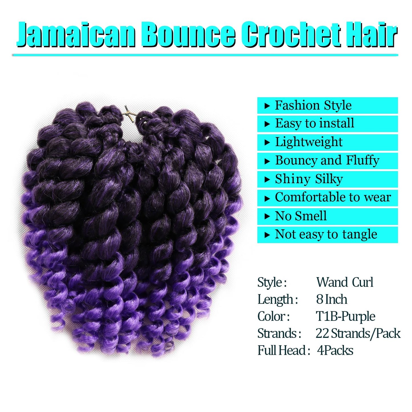 8 Inch Jamaican Bounce Crochet Hair 22 Strands Jumpy Wand Curl Crochet Hair 4 Packs Curly Crochet Hair for Black Women (8 Inch 4 Packs, T1B-Purple)