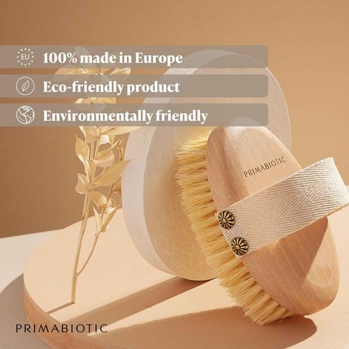 Primabiotic Body Massage Brush with Pouch – Eco-Friendly Product from Europe – Beech Wood & Agave Fibers – Oval Handle with Cotton Strap – Ideal for Dry Massage and Cellulite Reduction