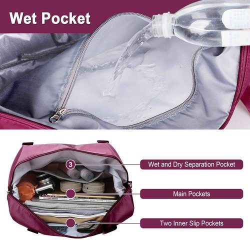 WOOMADA Foldable Travel Duffel Bag, Weekender Bags for Women, Tote Bag with Expandable Space, Carry on bags for airplanes with Wet Pocket & Trolley Sleeve, Gym Bag for Women, Lightweight (purple)