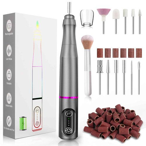 TUOBEO Cordless Nail Drill Electric Rechargeable File Kit, Professional Efile Acrylic Gel Nail Polish Remover Pedicure Manicure Machine Portable Set with 11 Bits 56 Sanding Bands for Salon Home Gray