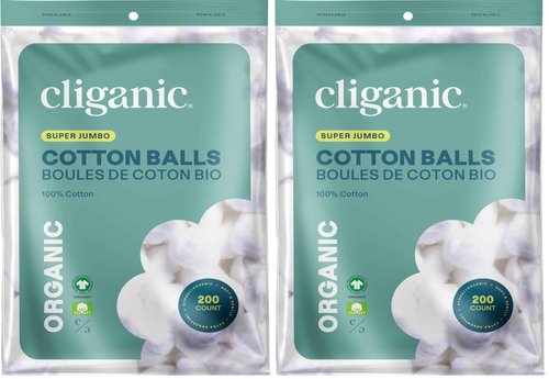 Cliganic Organic Super Jumbo Cotton Balls (200 Count) - Hypoallergenic, Absorbent, Large Size, 100% Pure (Packaging May Vary) (Pack of 2)