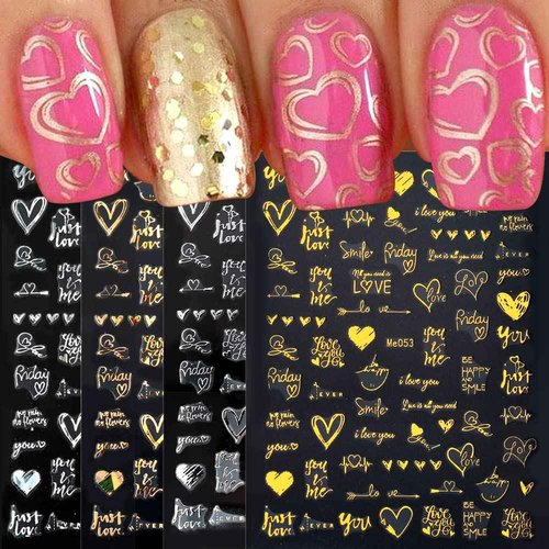 Valentine's Day Nail Stickers,Laser Love Heart Nail Decals 3D Self Adhesive Nail Art Stickers Letters Hearts Valentines Day Nail Designs Heart Stickers for Nails Women DIY Nail Supplies,6 Sheets/Set