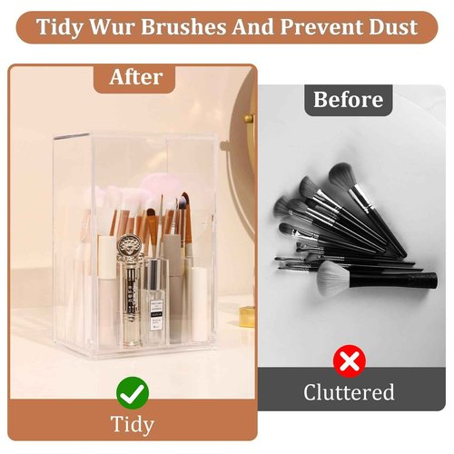 LOHRYVIO Acrylic Makeup Brush Holder with Slanted Flip-Top Lid - Clear Dustproof Cosmetic Make up Brush Organizer and Storage Box - Large Capacity 17-Slots Container for Vanity Brushes (Transparent)