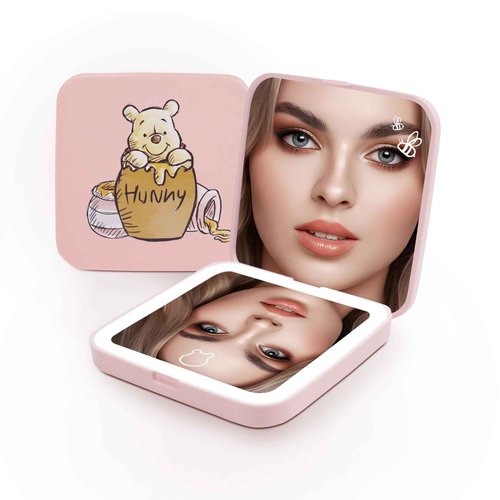 Impressions Vanity Winnie The Pooh Hunny LED Compact Top Mirror with 2X Magnified, Winnie The Pooh Artwork Travel Mirror with Touch Switch LED Lighting and Adjustable Brightness