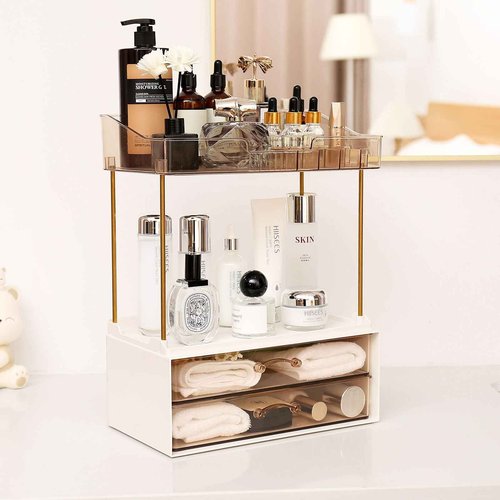 Fengligoo Elegant 2-Tier 2-Drawer Bathroom Countertop Organizer, Multi-Purpose Makeup & Skincare Organizer, Champagne Gold