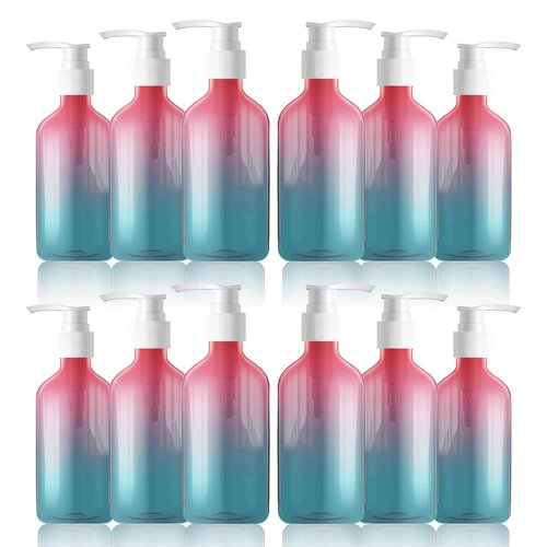 12 Pieces Empty Clear Gradient Color Pump Bottle, 8.4 oz Refillable Plastic Dispenser Bottles with Pump, Travel Lotion Container for Shampoo Hand Body Soap Oil Massage Moisturizer Face Cream Liquid