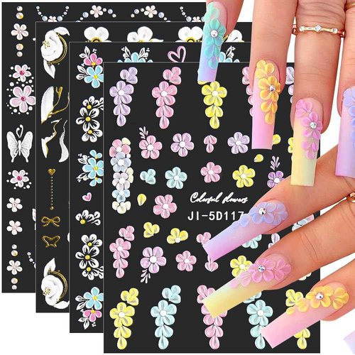 5D Embossed Flower Nail Stickers - Acrylic Carved Rose & Butterfly Nail Art Decals - DIY Floral Petals Designs