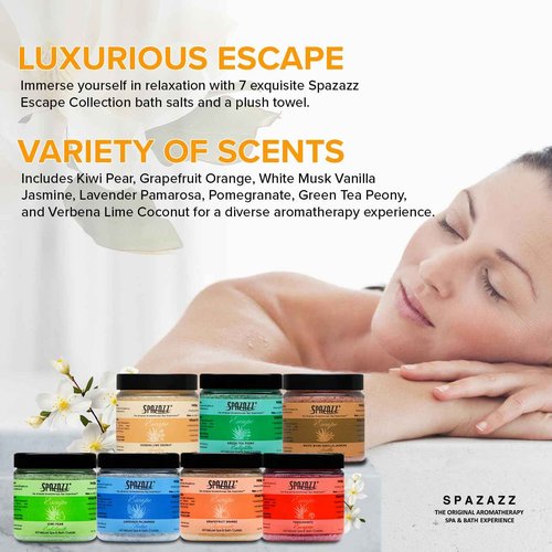 Hot Tub & Spa Bath Salt Aromatherapy Crystals - Spazazz Escape Collection 4 Oz 7-Pack Sampler & Hot Cold Towel - Lavender, Lime Coconut, Green Tea, Vanilla Jasmine, Kiwi Pear, Grapefruit, Pomegranate