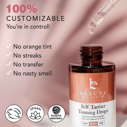 Self Tanning Drops & Kabuki Face Brush - Made with Natural and Organic Ingredients, Medium Face Tanning Drops to Add to Lotion, Moisturizing Bronzing Drops for Face & Body, Toxin Free Face Tanner