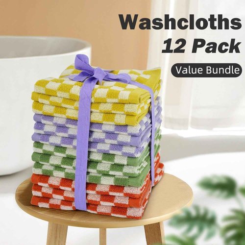 Jacquotha Washcloths 12 Pack Checkered - Wash Cloths for Showering (13"x13") in 4 Colors, Multi-Purpose Bathroom Face Cloths, Soft and Cute
