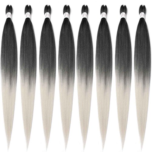 8 Packs Pre Stretched Braiding Hair, 48 Inch Braiding Hair Pre Stretched Yaki Texture, Hot Water Setting, Easy To Install Professional Synthetic Ombre Braiding Hair(1B/Silver)
