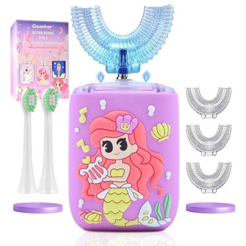 Geacker Kids Electric Toothbrush, U Shaped Toothbrush Kids Sonic Automatic Brush with 5 Brush Head 6 Sonic Clean Modes IPX7 Waterproof Mermaid Design Rechargeable Smart Timer for Children 2-7