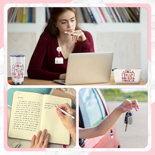 Jiytivity 7 Pcs Social Worker Gifts Set for Women Include Canvas Bag Cosmetic Bag 20 oz Thermos Cup Keychain Badge Holder Notebook Pen for Volunteers School Social Worker Gift