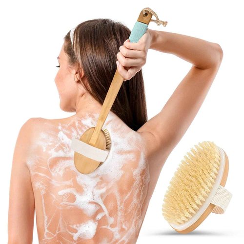 Long Handled Back Scrubber for Shower 18"" Handle Boar Bristle Back Brush – Wooden Bath Brush, Back Scrubbing Brush, Shower Brush, Body Scrub Brush, Bath Brush Long Handle for Shower by rengöra