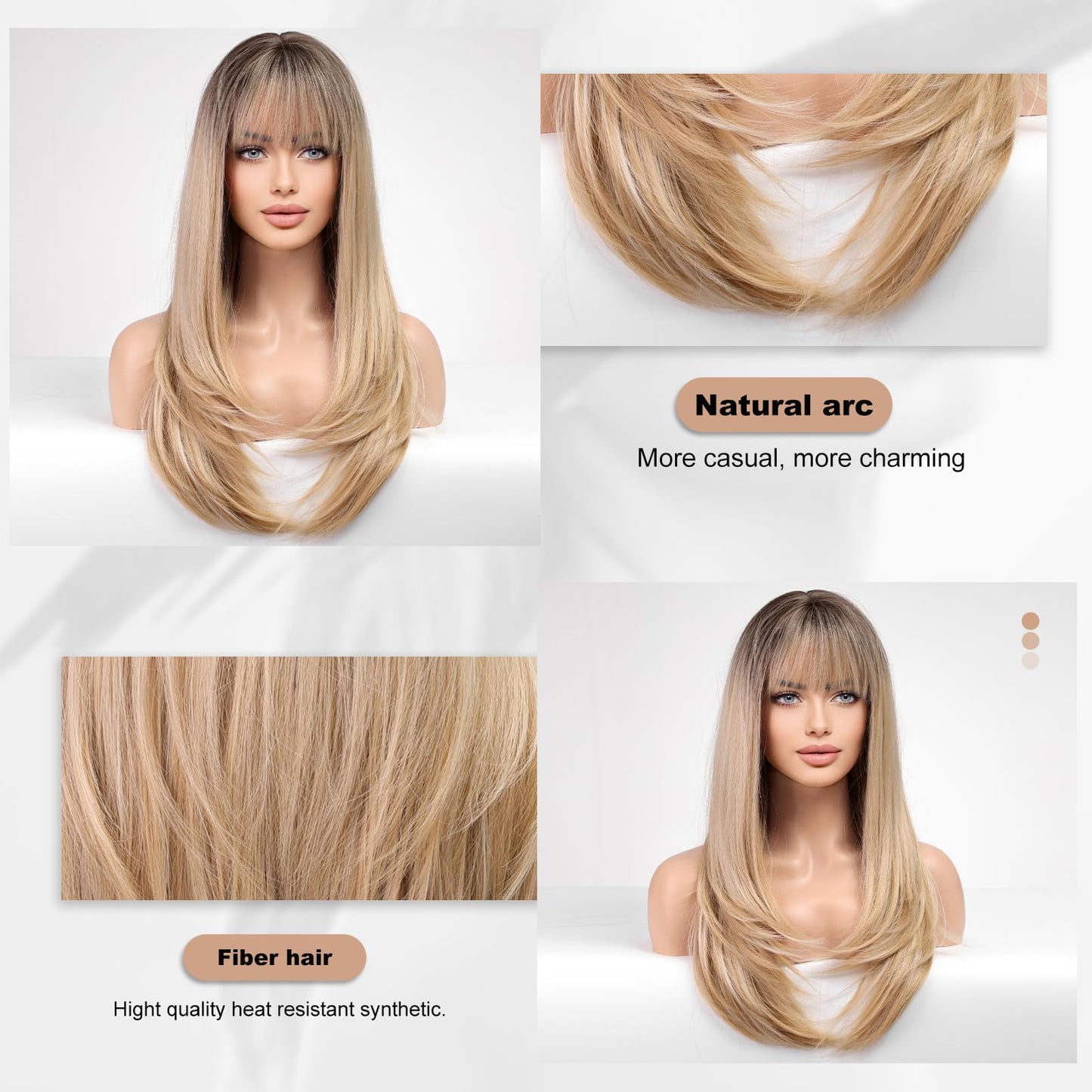 HAIRCUBE Long Blonde Wigs for Women Straight Synthetic Layered Wig with Bangs and Dark Roots