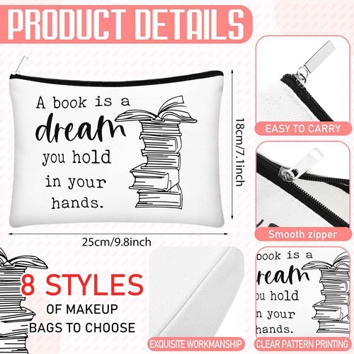 Cosblank 8 Pcs Book Club Gifts Book Lovers Makeup Bag Gifts for Women Cosmetic Bag with Zipper Pouch for Teen Adult Women Lovers Librarian Bookish Club Gifts(Book)