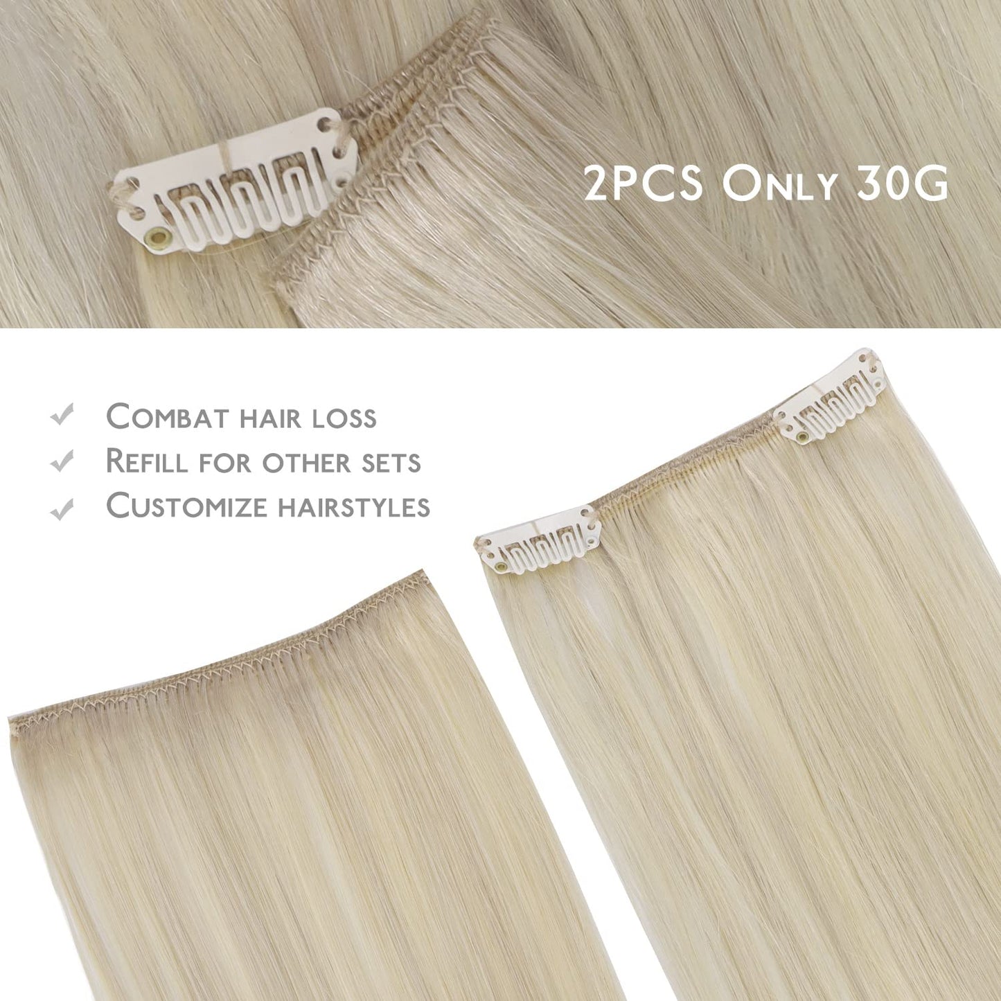 WENNALIFE Clip in Hair Extensions Real Human Hair Refill, 30g 14 inch 2pcs Ombre Ash Blonde to Golden Blonde Balayage Platinum Blonde Hair Extensions Clip in Human Hair for Hair Loss and Thinning Hair