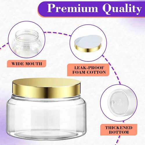 36 Pack 8 oz Plastic Cosmetic Containers With Lids Refillable Clear Empty Travle Jars Containers for Body Butter,Sugar Scrubs,Cream,Lotions,Candy, Waterproof Label&Spatulas - (Rose Gold Lid)