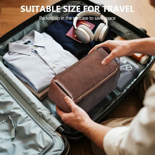 BagUrshion Personalized Toiletry Bag for Men,Initial Mens Toiletry Bags for Traveling,Men Travel Toiletries Bag,PU Leather Shaving Bag for Toiletries Accessories kit,Dark Brown J
