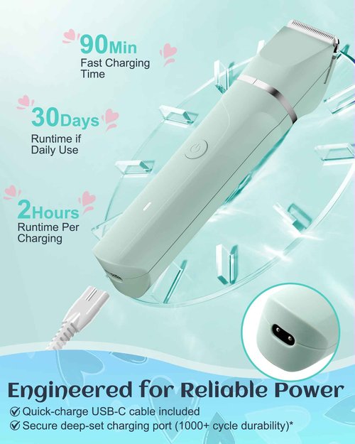 Waterproof Bikini Trimmer Women Electric Razor for Pubic Hair Women's Foil Shaver Rechargeable Shaver Removal with Snap-in Ceramic Blades IP7X Washable Head,Wet and Dry Use,Green