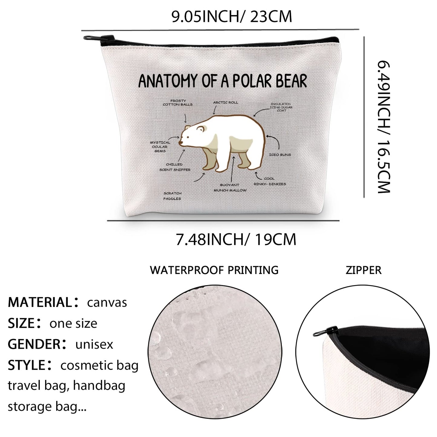 XYANFA Polar Bear Cosmetic Bag Polar Bear Lover Gift North Pole Gifts Anatomy Of A Polar Bear (ANATOMY OF A POLAR BEAR)