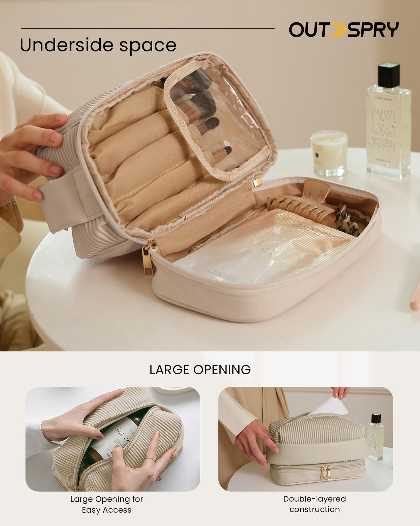 OutSpry Makeup Bag, Travel Cosmetic Bag [Cream Toast Bag] [Makeup Brush Compartment] Large Capacity Double Layer Vegan Leather Water-Resistant Toiletry Bag, Champagne Beige