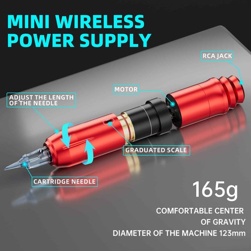 MIHERT Tattoo Gun Kit with Wireless Rotary Tattoo Machine, 1500mAh Battery, 20 Tattoo Cartridge Needles, 7 Tattoo Inks, Tattoo pen for Beginners and Professionals (Red)