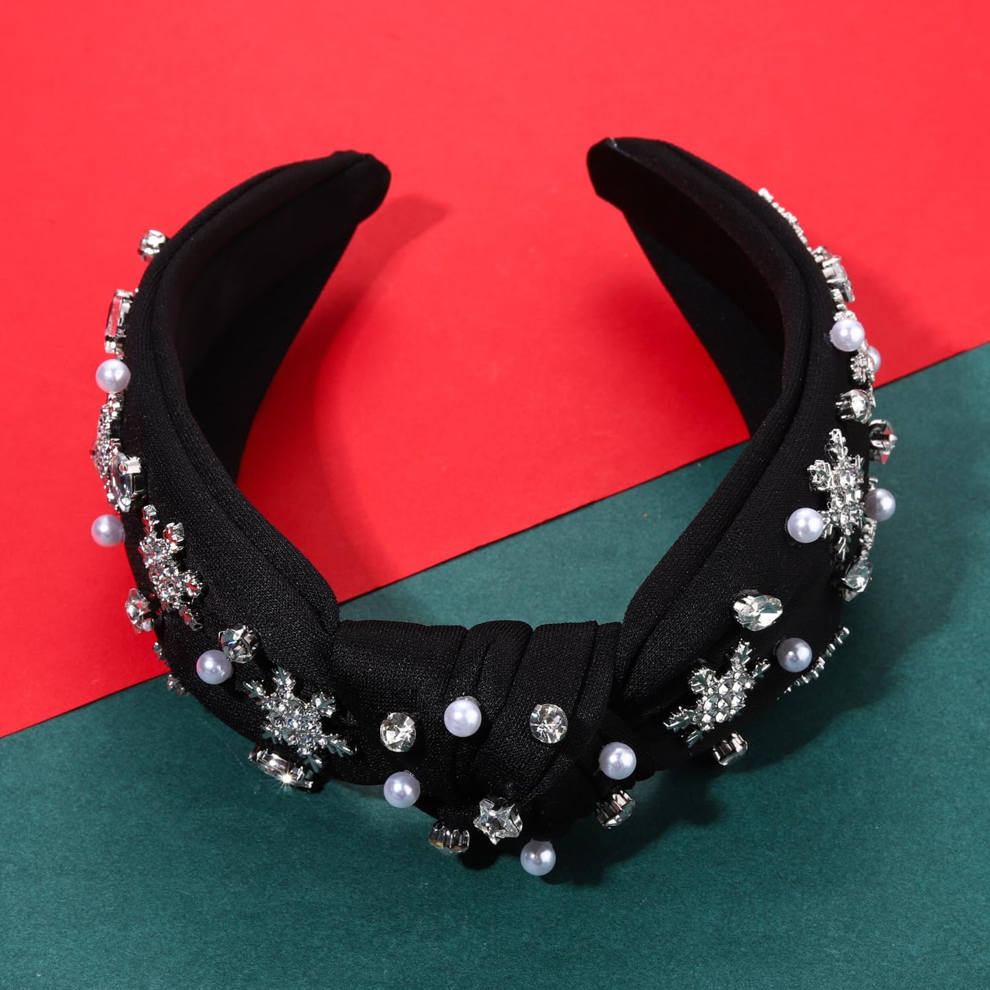 Christmas Headband for Women Jeweled Xmas Plaid Headband Embellished Crystal Pearl Knotted Headbands Wide Top Knot Holiday Headband Christmas Hair Accessories Holiday Outfits Gifts (Snowflake Black 2)