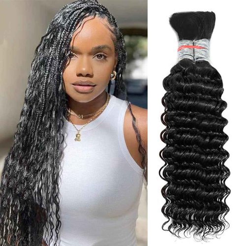 Human Boho Braiding Hair 100% Human Hair Deep Wave 20 Inch Knotless Braids Hair Unprocessed Virgin Brazilian Hair Extensions Bulk 2Bundles /Pack Wet & Wavy No Weft Natural Color 12A