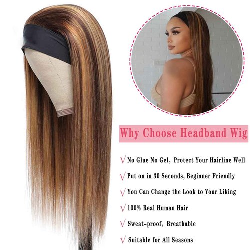 Celiarita Ombre Highlight Headband Wig Human Hair Straight 14 inch None Lace Front Machine Machine Made Headband Wigs Human Hair Blonde Colored Wig Natural Hairline Half Wigs for Black Women