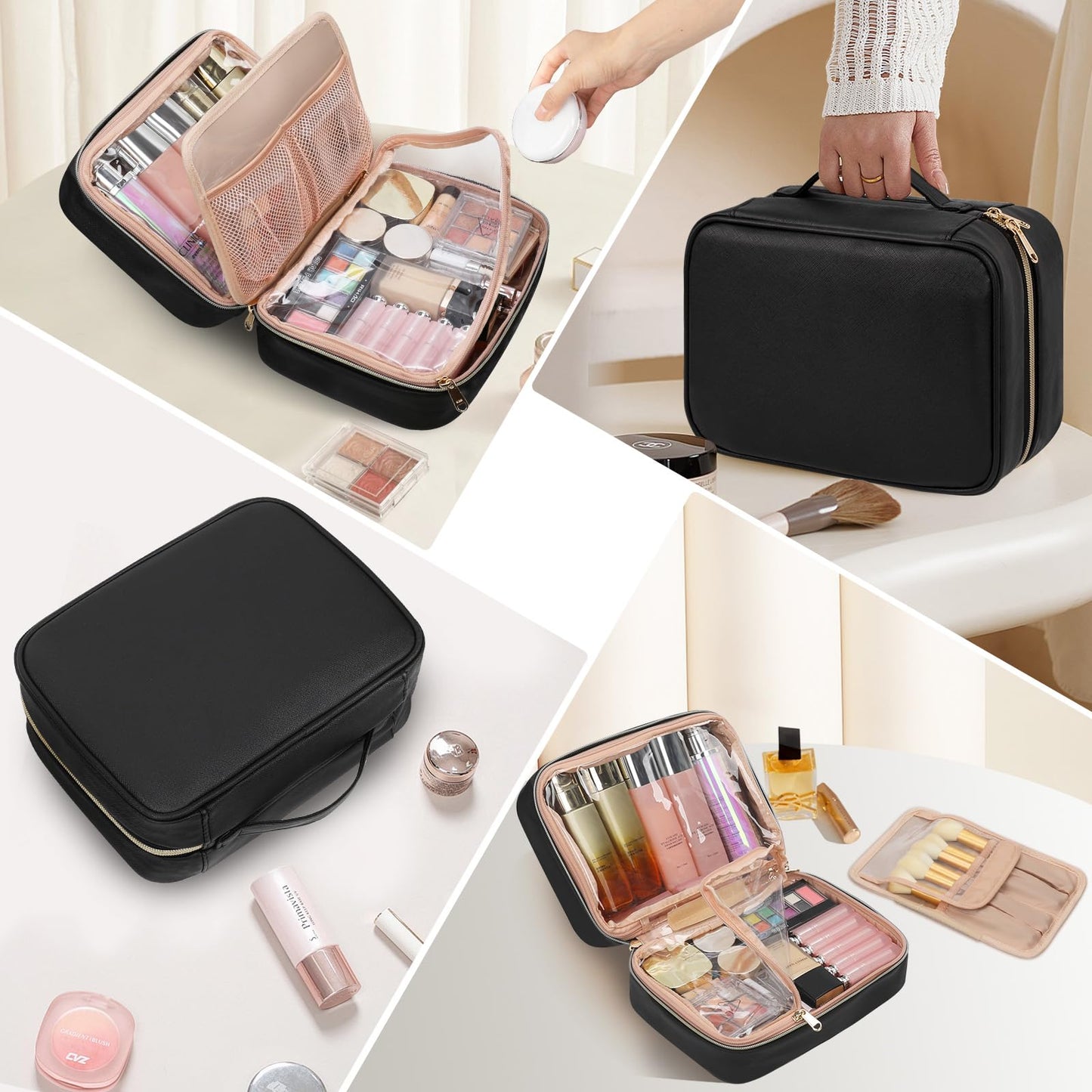 OCHEAL Makeup Bag, Makeup Travel Bag Large Capacity Cosmetic Organizer Bag with Makeup Brush Compartment & Handle for Women Girls Travel Toiletry Accessories-Black