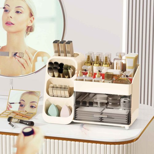 Dimcapo Makeup Organizer for Vanity,Vanity Organizer with Drawers and Brush Holder,Bathroom Make Up Organizer Countertop,Large Cosmetic Organizer for Skincare, Perfume,Lipsticks,Nail Polish (Cream)