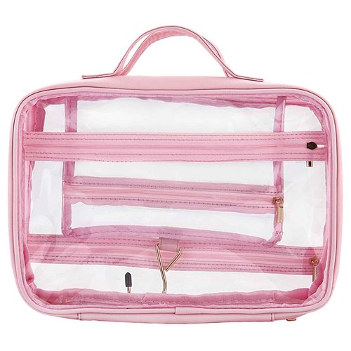 Greaciary Clear Toiletry bag with Hanging hook,Water-resistant cosmetic makeup bag transparent Organizer for women men,Carry on Travel accessories essentials,Pink (Pink)