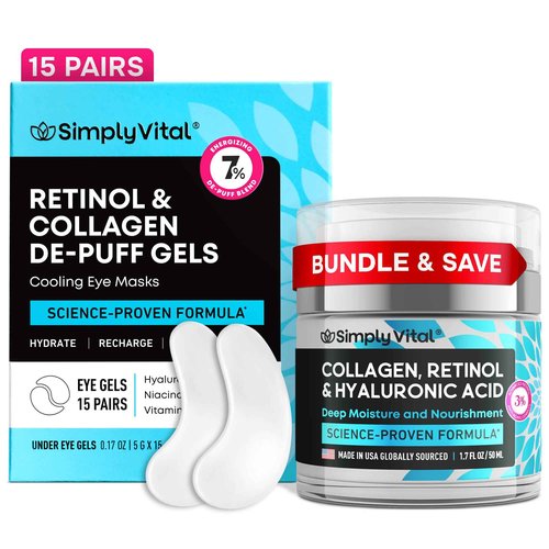 SimplyVital Collagen Cream & Cooling Eye Masks Bundle – Anti-Aging Face Moisturizer for Face, Neck & Décolleté + Under Eye Patches for Puffy Eyes – Retinol, Collagen & Hyaluronic Acid