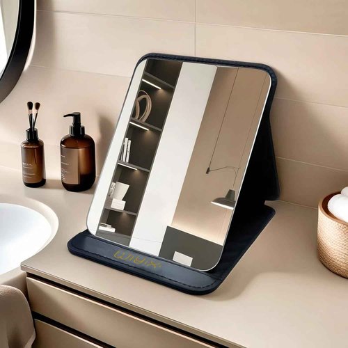 SYHITOU Foldable Travel Makeup Mirror, Adjustable Angle Portable Standing Vanity Mirror, Compact PU Leather Design for Home/Camping/Desktop Use,Classic Black (8.4"x6")