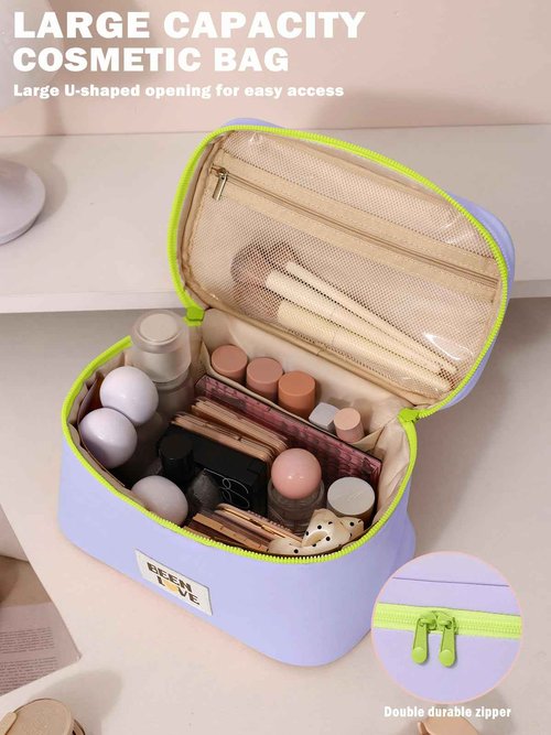 Lalamisi Travel Makeup Bag Cute Cosmetic Bag for Women Large Capacity Makeup Case Organizer Bag Toiletry Bag Portable Waterproof Make Up Bags with Handle and Divider, Purple