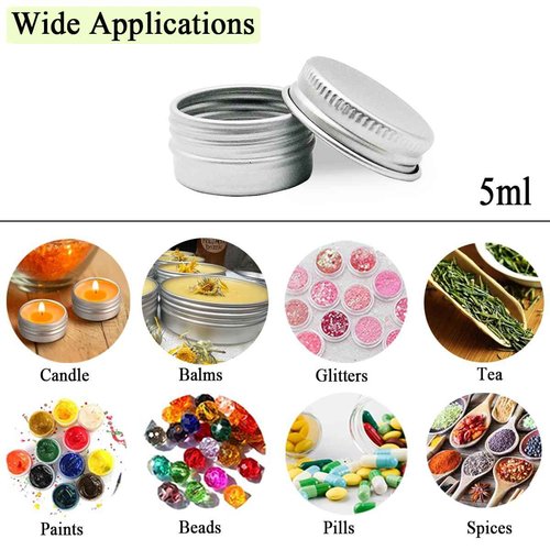 Wopanxye 30 pack 5ml Round Lip Balm Tin Cans, 5g Aluminum Makeup Sample Containers with Screw Lid, Empty Silver Metal Tins Pot Storage Travel Tin Jars for Cosmetic, Cream, Candle, Tea, 5 Gram Tins