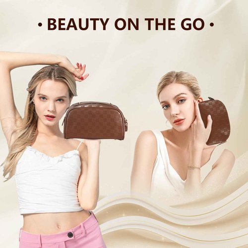 Eowihor 2 Pcs Makeup Bags Set, Large Capacity Makeup Organizer for Women, PU Leather Make Up Bag Portable Travel Toiletry Bag, Stylish Tessellated Cosmetic Bag Two Sizes to Match With Your Heart