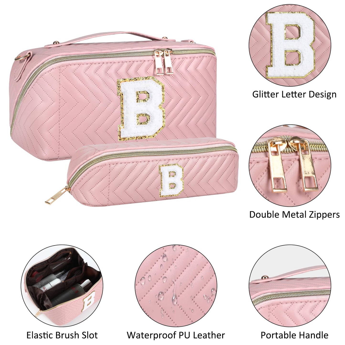 Huifen 2pcs Personalized Initial Makeup Bag, Travel Toiletry Bag Cute Makeup Pouch Cosmetic Make Up Bag Travel Essentials Makeup Organizer Bags Birthday Gifts for Women Girls Friends (Pink, Z)